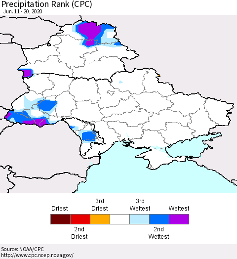 Ukraine, Moldova and Belarus Precipitation Rank (CPC) Thematic Map For 6/11/2020 - 6/20/2020