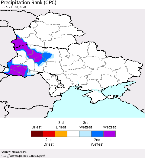 Ukraine, Moldova and Belarus Precipitation Rank (CPC) Thematic Map For 6/21/2020 - 6/30/2020