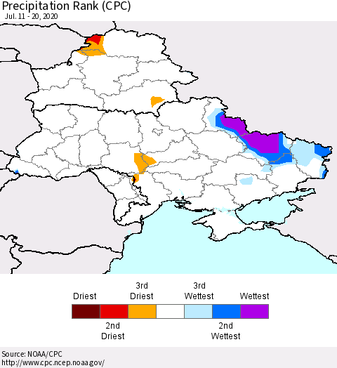 Ukraine, Moldova and Belarus Precipitation Rank since 1981 (CPC) Thematic Map For 7/11/2020 - 7/20/2020