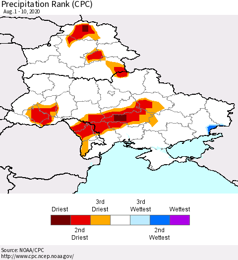 Ukraine, Moldova and Belarus Precipitation Rank (CPC) Thematic Map For 8/1/2020 - 8/10/2020