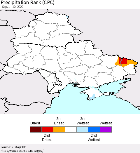 Ukraine, Moldova and Belarus Precipitation Rank since 1981 (CPC) Thematic Map For 9/1/2020 - 9/10/2020