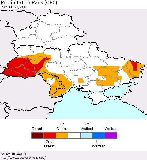 Ukraine, Moldova and Belarus Precipitation Rank since 1981 (CPC) Thematic Map For 9/11/2020 - 9/20/2020