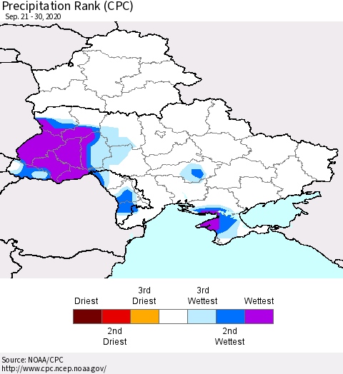 Ukraine, Moldova and Belarus Precipitation Rank since 1981 (CPC) Thematic Map For 9/21/2020 - 9/30/2020