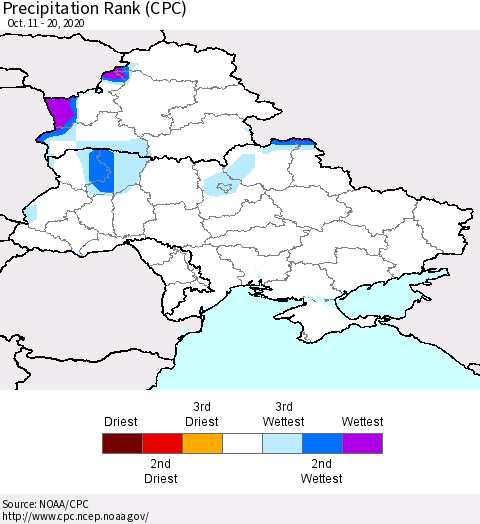 Ukraine, Moldova and Belarus Precipitation Rank since 1981 (CPC) Thematic Map For 10/11/2020 - 10/20/2020