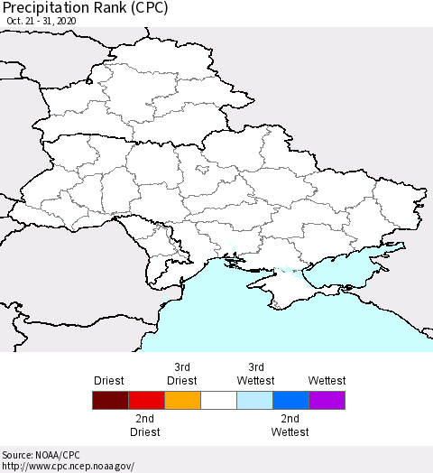 Ukraine, Moldova and Belarus Precipitation Rank (CPC) Thematic Map For 10/21/2020 - 10/31/2020