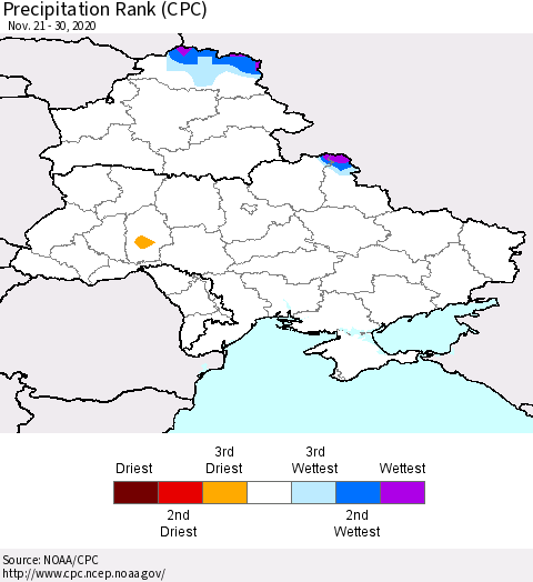 Ukraine, Moldova and Belarus Precipitation Rank since 1981 (CPC) Thematic Map For 11/21/2020 - 11/30/2020