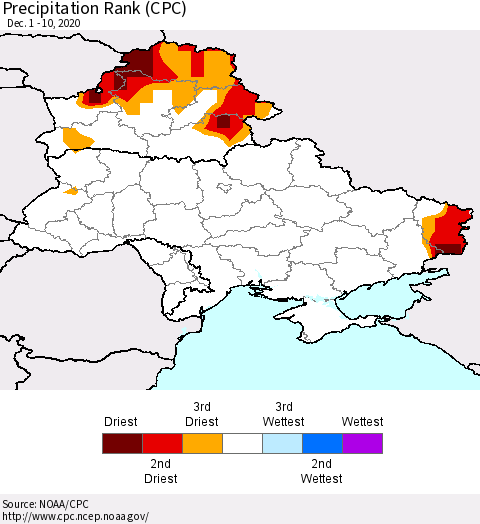 Ukraine, Moldova and Belarus Precipitation Rank since 1981 (CPC) Thematic Map For 12/1/2020 - 12/10/2020