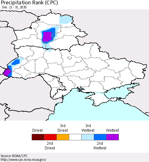 Ukraine, Moldova and Belarus Precipitation Rank since 1981 (CPC) Thematic Map For 12/21/2020 - 12/31/2020