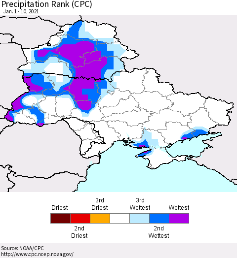 Ukraine, Moldova and Belarus Precipitation Rank since 1981 (CPC) Thematic Map For 1/1/2021 - 1/10/2021