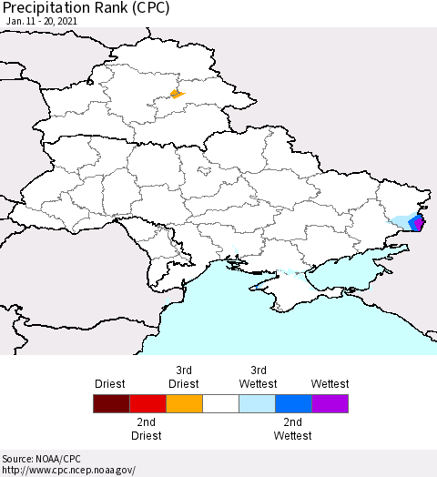 Ukraine, Moldova and Belarus Precipitation Rank (CPC) Thematic Map For 1/11/2021 - 1/20/2021