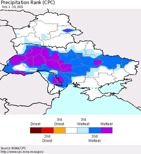 Ukraine, Moldova and Belarus Precipitation Rank since 1981 (CPC) Thematic Map For 2/1/2021 - 2/10/2021