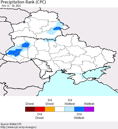 Ukraine, Moldova and Belarus Precipitation Rank since 1981 (CPC) Thematic Map For 2/11/2021 - 2/20/2021
