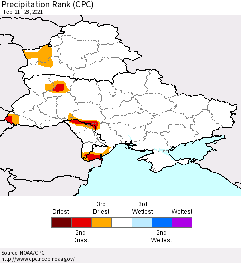 Ukraine, Moldova and Belarus Precipitation Rank (CPC) Thematic Map For 2/21/2021 - 2/28/2021