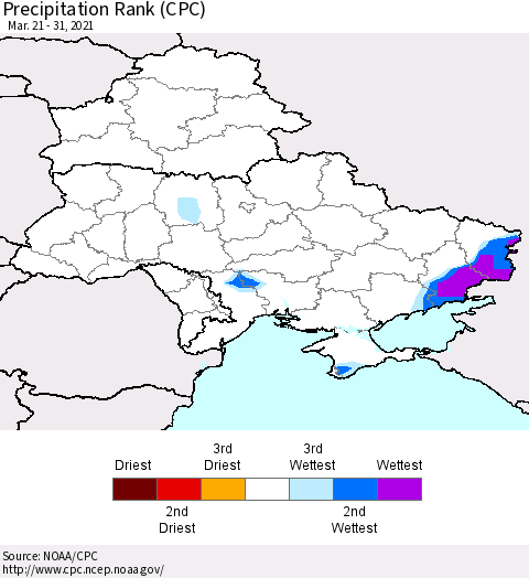 Ukraine, Moldova and Belarus Precipitation Rank since 1981 (CPC) Thematic Map For 3/21/2021 - 3/31/2021