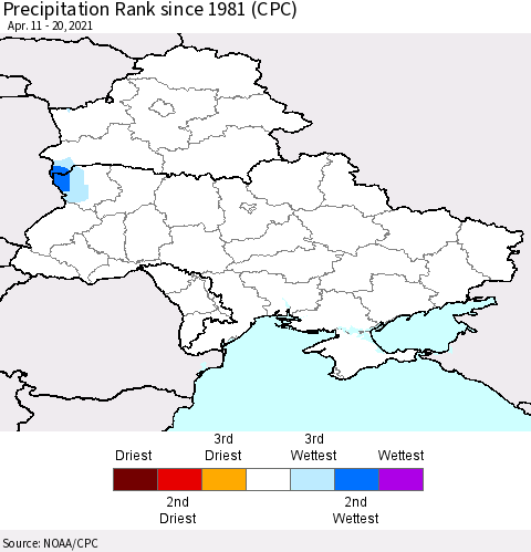 Ukraine, Moldova and Belarus Precipitation Rank since 1981 (CPC) Thematic Map For 4/11/2021 - 4/20/2021