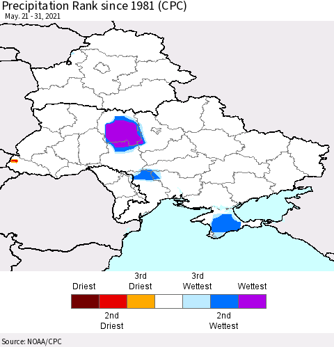 Ukraine, Moldova and Belarus Precipitation Rank (CPC) Thematic Map For 5/21/2021 - 5/31/2021