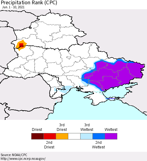 Ukraine, Moldova and Belarus Precipitation Rank since 1981 (CPC) Thematic Map For 6/1/2021 - 6/10/2021