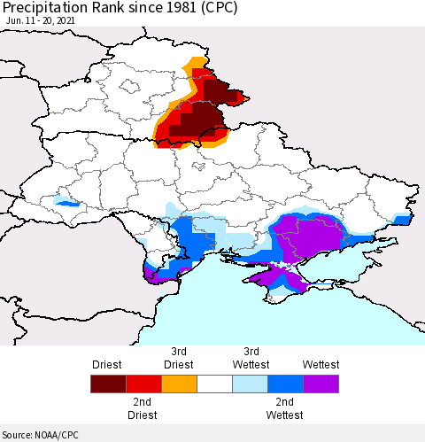 Ukraine, Moldova and Belarus Precipitation Rank since 1981 (CPC) Thematic Map For 6/11/2021 - 6/20/2021