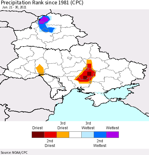 Ukraine, Moldova and Belarus Precipitation Rank (CPC) Thematic Map For 6/21/2021 - 6/30/2021