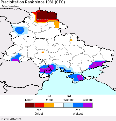 Ukraine, Moldova and Belarus Precipitation Rank since 1981 (CPC) Thematic Map For 7/1/2021 - 7/10/2021