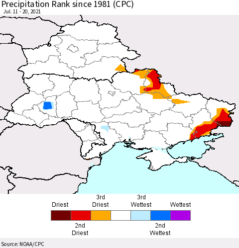 Ukraine, Moldova and Belarus Precipitation Rank since 1981 (CPC) Thematic Map For 7/11/2021 - 7/20/2021