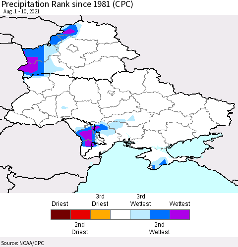 Ukraine, Moldova and Belarus Precipitation Rank since 1981 (CPC) Thematic Map For 8/1/2021 - 8/10/2021