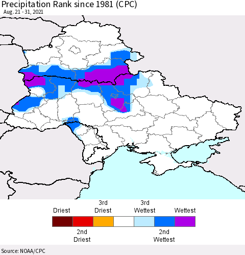 Ukraine, Moldova and Belarus Precipitation Rank since 1981 (CPC) Thematic Map For 8/21/2021 - 8/31/2021