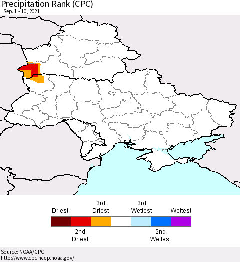 Ukraine, Moldova and Belarus Precipitation Rank since 1981 (CPC) Thematic Map For 9/1/2021 - 9/10/2021