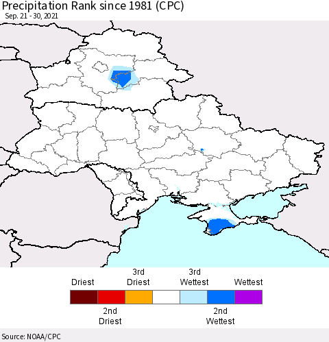 Ukraine, Moldova and Belarus Precipitation Rank since 1981 (CPC) Thematic Map For 9/21/2021 - 9/30/2021