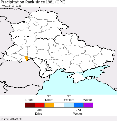 Ukraine, Moldova and Belarus Precipitation Rank since 1981 (CPC) Thematic Map For 11/11/2021 - 11/20/2021