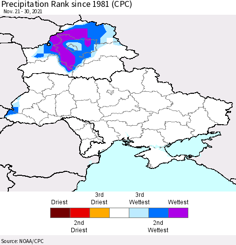 Ukraine, Moldova and Belarus Precipitation Rank since 1981 (CPC) Thematic Map For 11/21/2021 - 11/30/2021