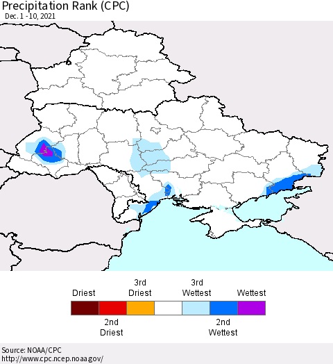 Ukraine, Moldova and Belarus Precipitation Rank since 1981 (CPC) Thematic Map For 12/1/2021 - 12/10/2021