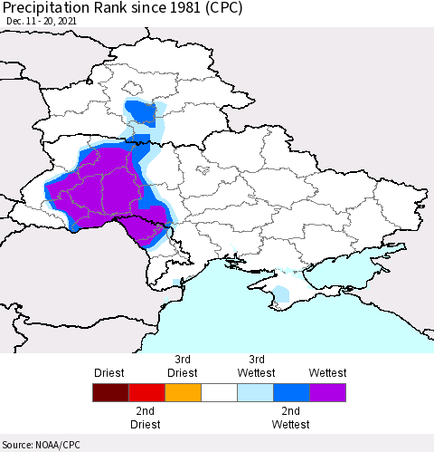 Ukraine, Moldova and Belarus Precipitation Rank since 1981 (CPC) Thematic Map For 12/11/2021 - 12/20/2021