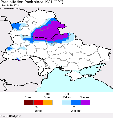 Ukraine, Moldova and Belarus Precipitation Rank since 1981 (CPC) Thematic Map For 1/1/2022 - 1/10/2022