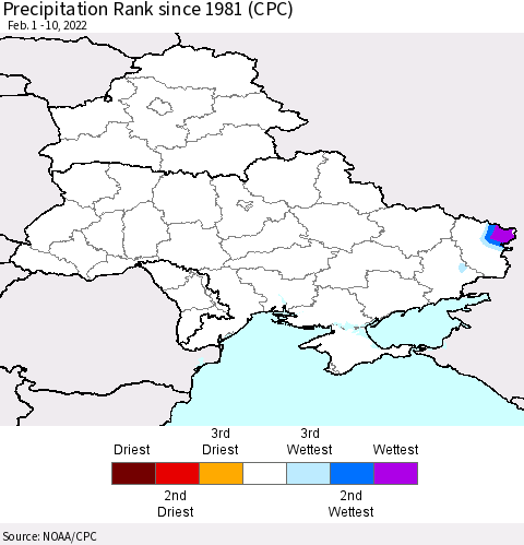 Ukraine, Moldova and Belarus Precipitation Rank since 1981 (CPC) Thematic Map For 2/1/2022 - 2/10/2022