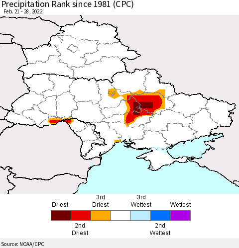 Ukraine, Moldova and Belarus Precipitation Rank since 1981 (CPC) Thematic Map For 2/21/2022 - 2/28/2022