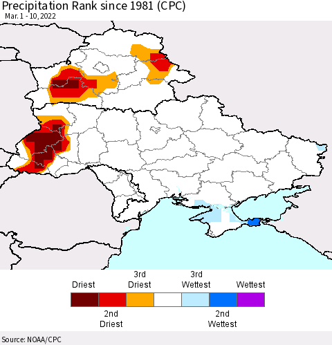 Ukraine, Moldova and Belarus Precipitation Rank since 1981 (CPC) Thematic Map For 3/1/2022 - 3/10/2022