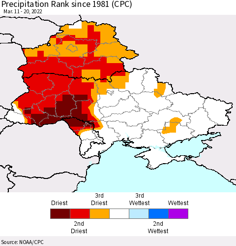 Ukraine, Moldova and Belarus Precipitation Rank since 1981 (CPC) Thematic Map For 3/11/2022 - 3/20/2022