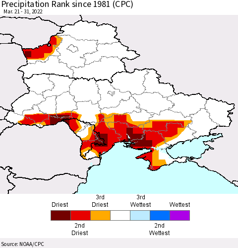 Ukraine, Moldova and Belarus Precipitation Rank since 1981 (CPC) Thematic Map For 3/21/2022 - 3/31/2022