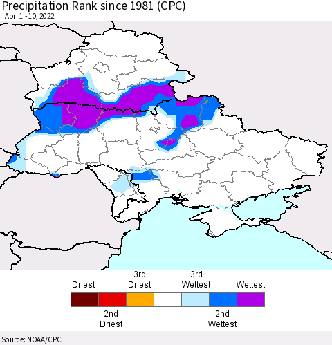 Ukraine, Moldova and Belarus Precipitation Rank since 1981 (CPC) Thematic Map For 4/1/2022 - 4/10/2022