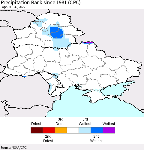 Ukraine, Moldova and Belarus Precipitation Rank since 1981 (CPC) Thematic Map For 4/21/2022 - 4/30/2022