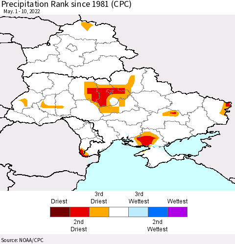Ukraine, Moldova and Belarus Precipitation Rank since 1981 (CPC) Thematic Map For 5/1/2022 - 5/10/2022