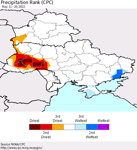 Ukraine, Moldova and Belarus Precipitation Rank (CPC) Thematic Map For 5/11/2022 - 5/20/2022
