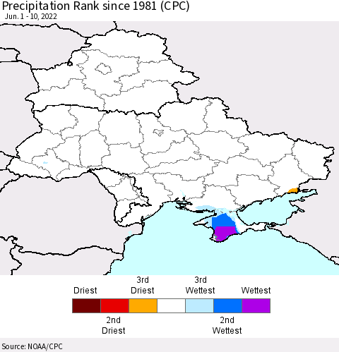 Ukraine, Moldova and Belarus Precipitation Rank since 1981 (CPC) Thematic Map For 6/1/2022 - 6/10/2022