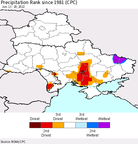 Ukraine, Moldova and Belarus Precipitation Rank since 1981 (CPC) Thematic Map For 6/11/2022 - 6/20/2022