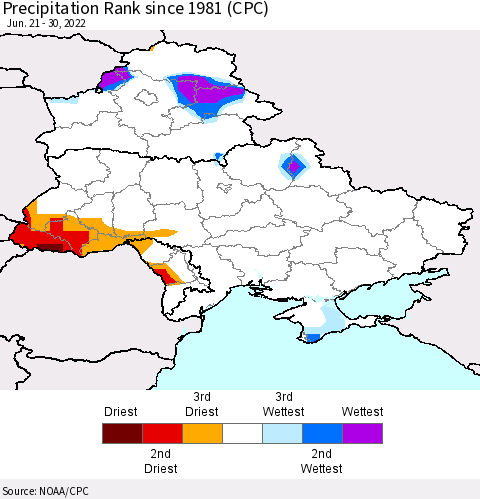 Ukraine, Moldova and Belarus Precipitation Rank since 1981 (CPC) Thematic Map For 6/21/2022 - 6/30/2022