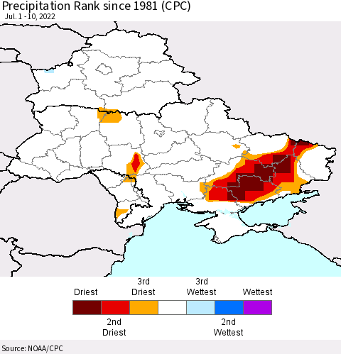 Ukraine, Moldova and Belarus Precipitation Rank since 1981 (CPC) Thematic Map For 7/1/2022 - 7/10/2022