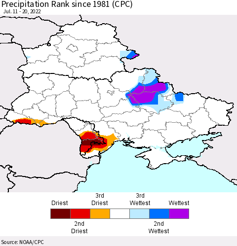 Ukraine, Moldova and Belarus Precipitation Rank (CPC) Thematic Map For 7/11/2022 - 7/20/2022