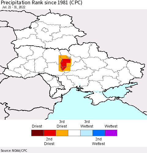 Ukraine, Moldova and Belarus Precipitation Rank since 1981 (CPC) Thematic Map For 7/21/2022 - 7/31/2022