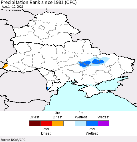 Ukraine, Moldova and Belarus Precipitation Rank since 1981 (CPC) Thematic Map For 8/1/2022 - 8/10/2022